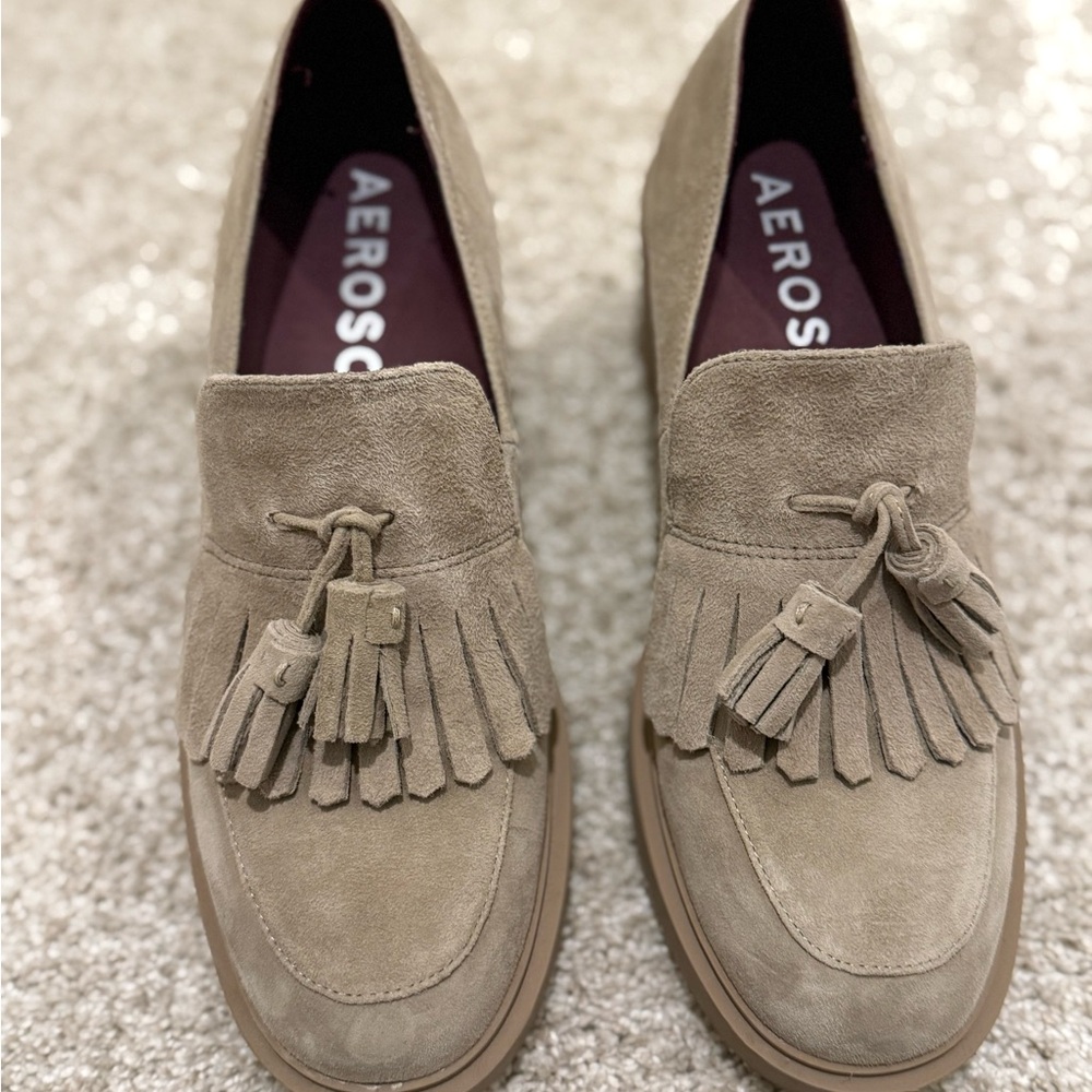 AEROSOLES Taupe Suede Tassel Loafers - Picture 2 of 4